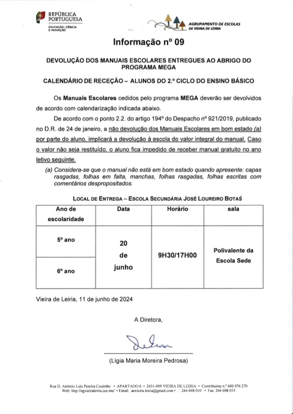 Calendarização devol manuais escolares 2º Ciclo